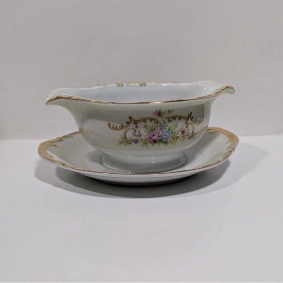 Renwiok Japan Porcelain Gravy Boat Attached Underplate Gold Trim Floral Design - Picture 7 of 13